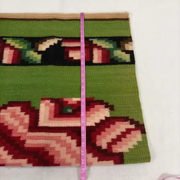 Vintage Woven Wool Red Rose, Green, Black, Tan Rug or Wall Hanging 4' x 2’ - Picture 6 of 8